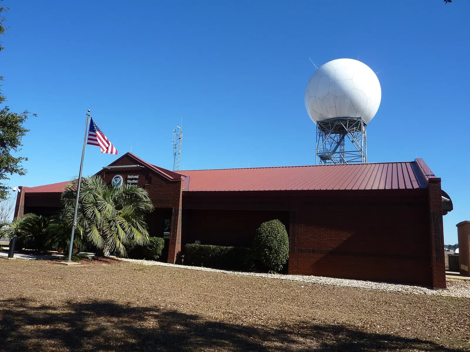 National Weather Service forecast office and NEXRAD radar on the Mobile Regional Airport campus, photographed 10 February 2016.