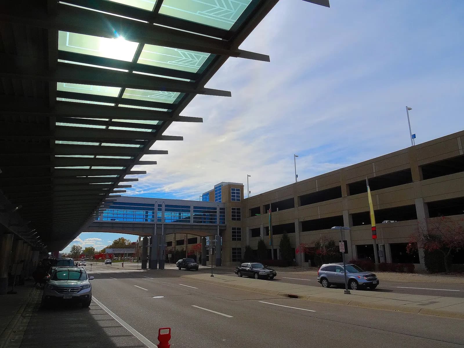 Landside curb and entrance canopy at Dane County Regional Airport in Madison, photographed in October 2015 before the South Terminal expansion.