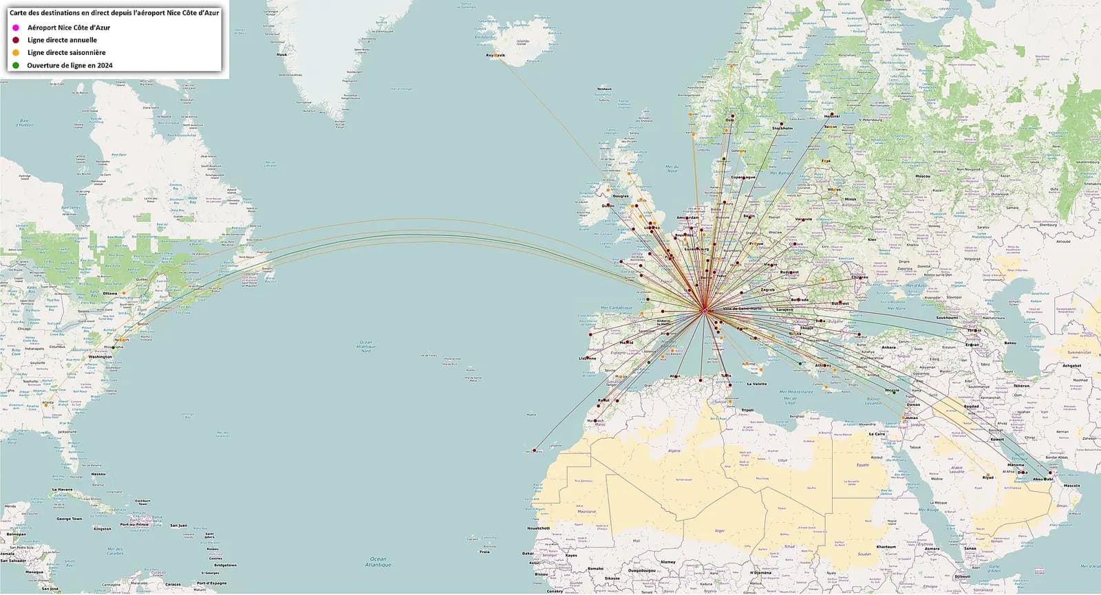 A large wall map at Nice Côte d'Azur Airport showing direct flight destinations and route lines from the airport.