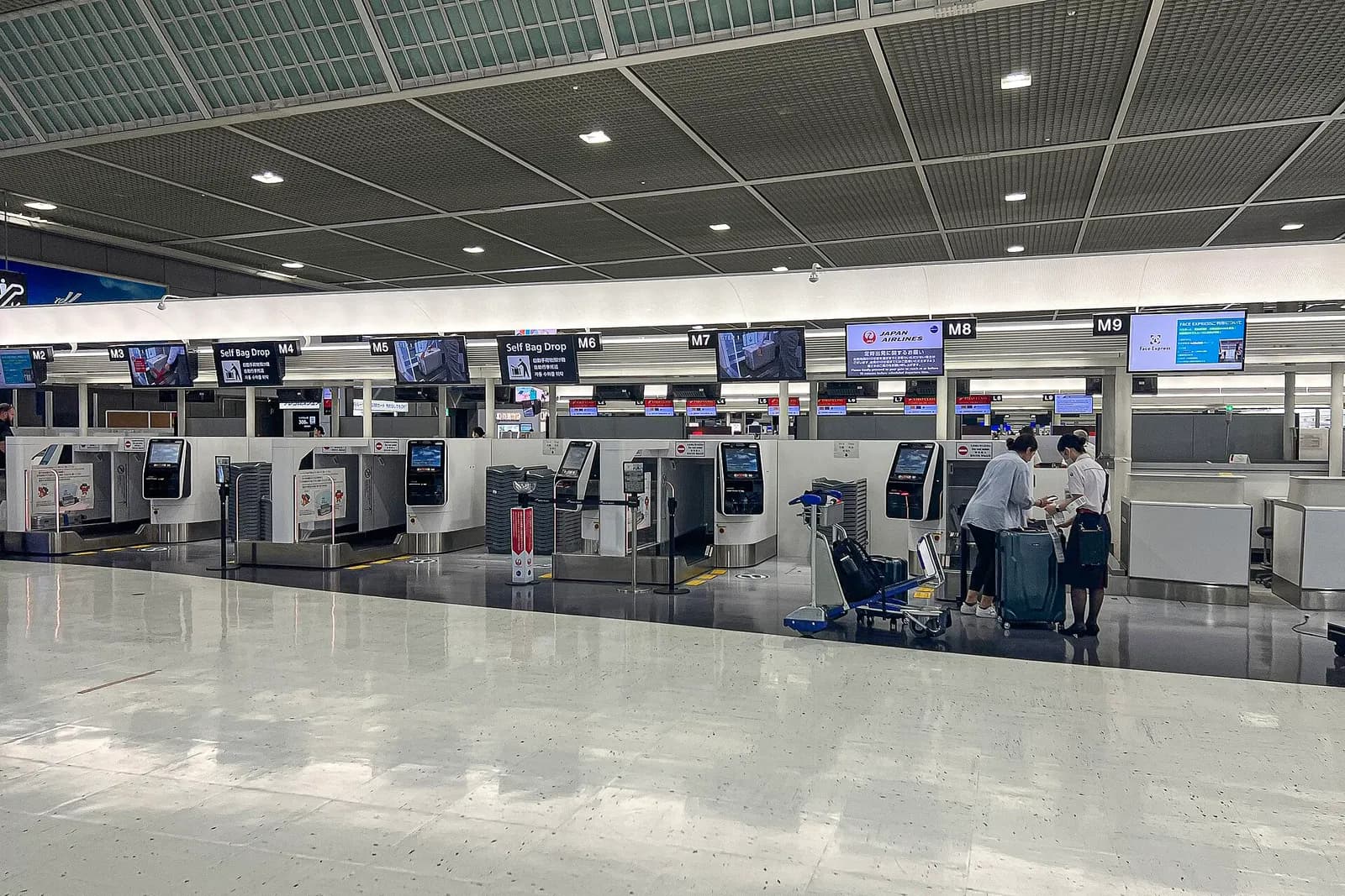 A row of Japan Airlines check-in counters in Terminal 2 with blue branding, numbered stations, and overhead flight-information displays.