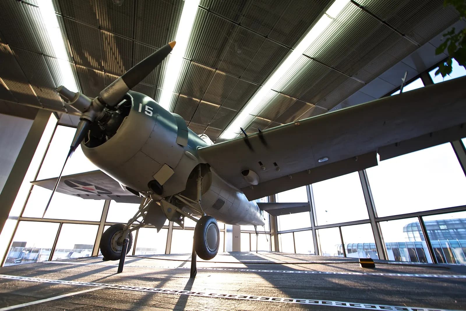 Grumman F4F-3 Wildcat BuNum 12320, on display at Terminal 2 in O'Hare International Airport, Chicago Illinois, USA. This Aircraft was salvaged from Lake Michigan, lost there as a result of a training incident, and restored to replicate and honour "White F-15", an identical aircraft flown by LCDR Edw