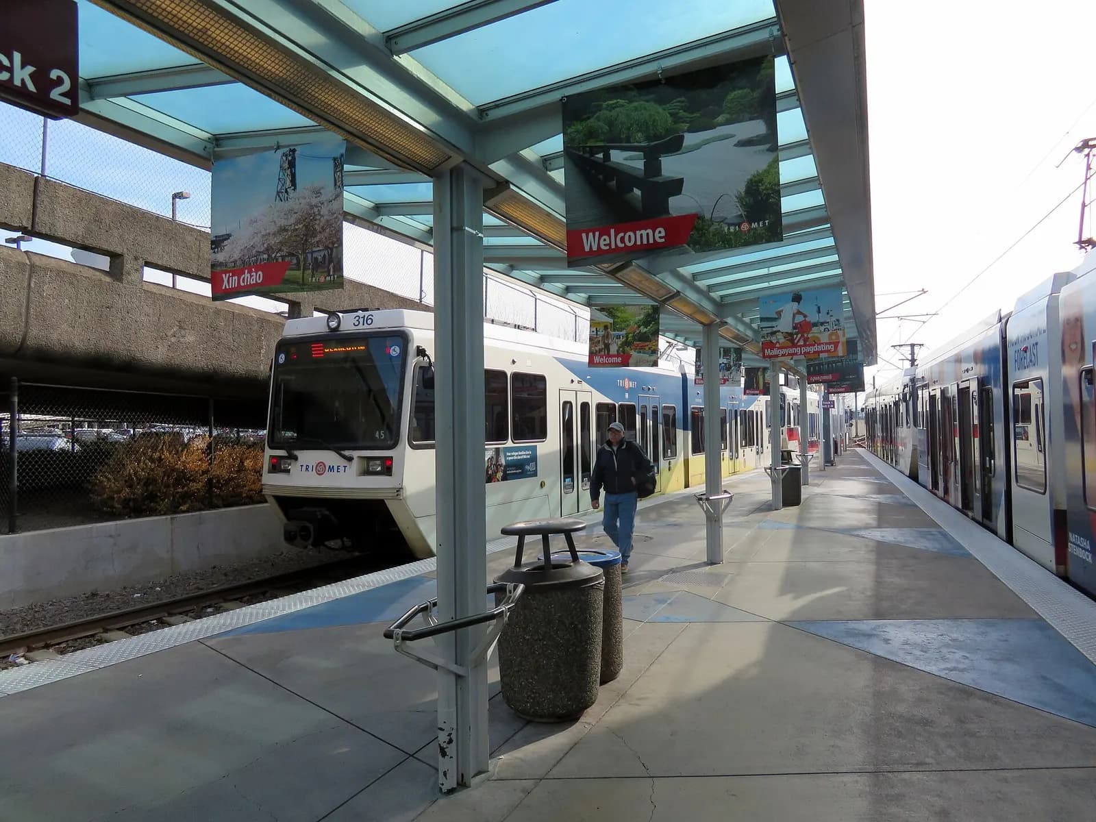 MAX trains at Portland International Airport station in February 2018