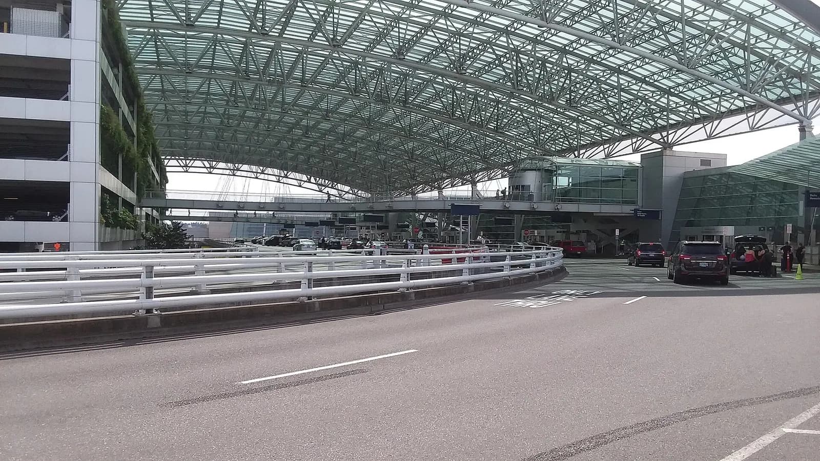 This is the Departure Area of the Portland International Airport where passengers are dropped off for their flight.