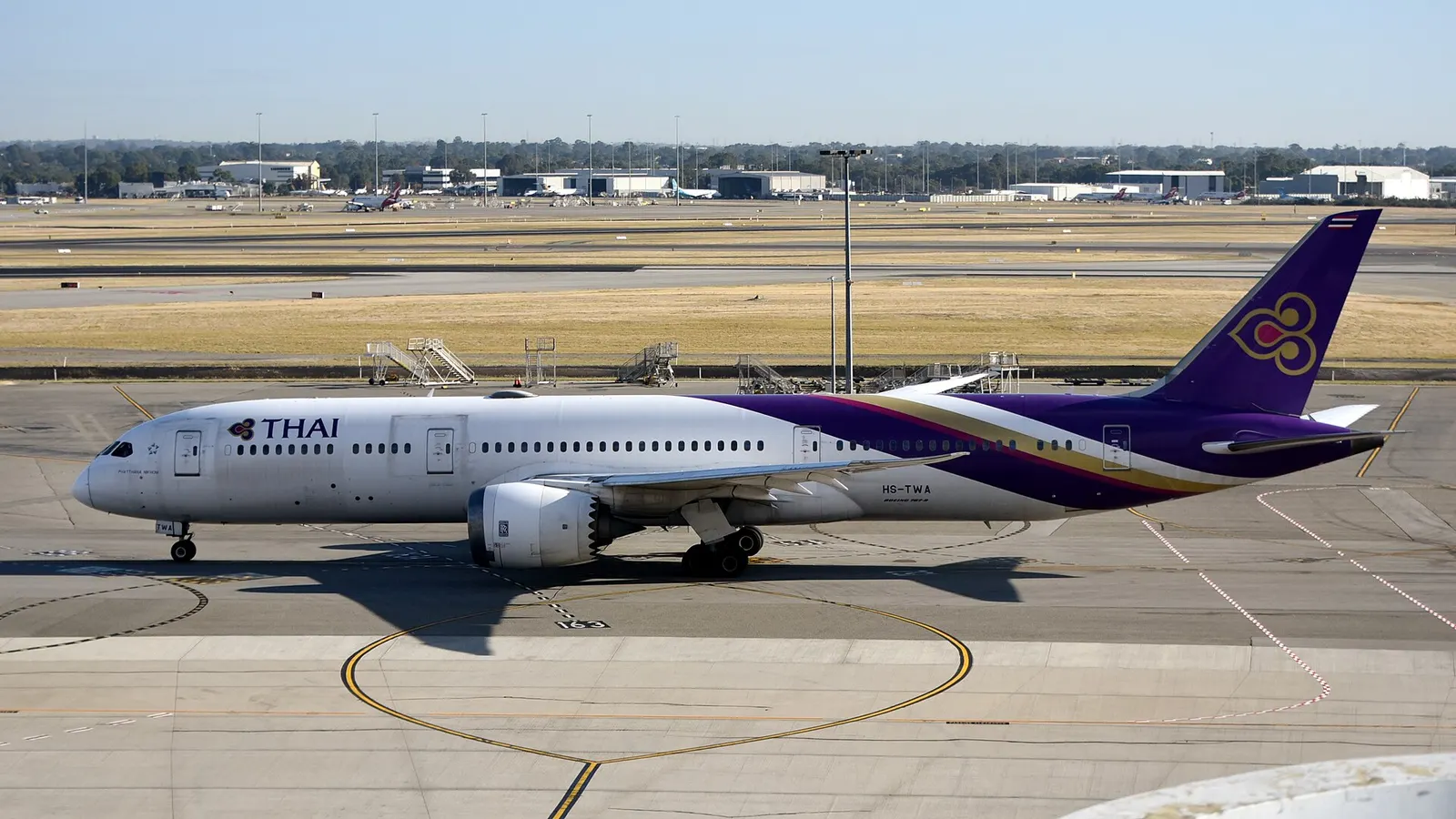 Thai Airways Boeing 787-9 taxiing away from Perth Airport Terminal 1
