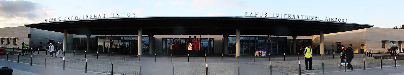 Panoramic view of Paphos International Airport terminal and apron