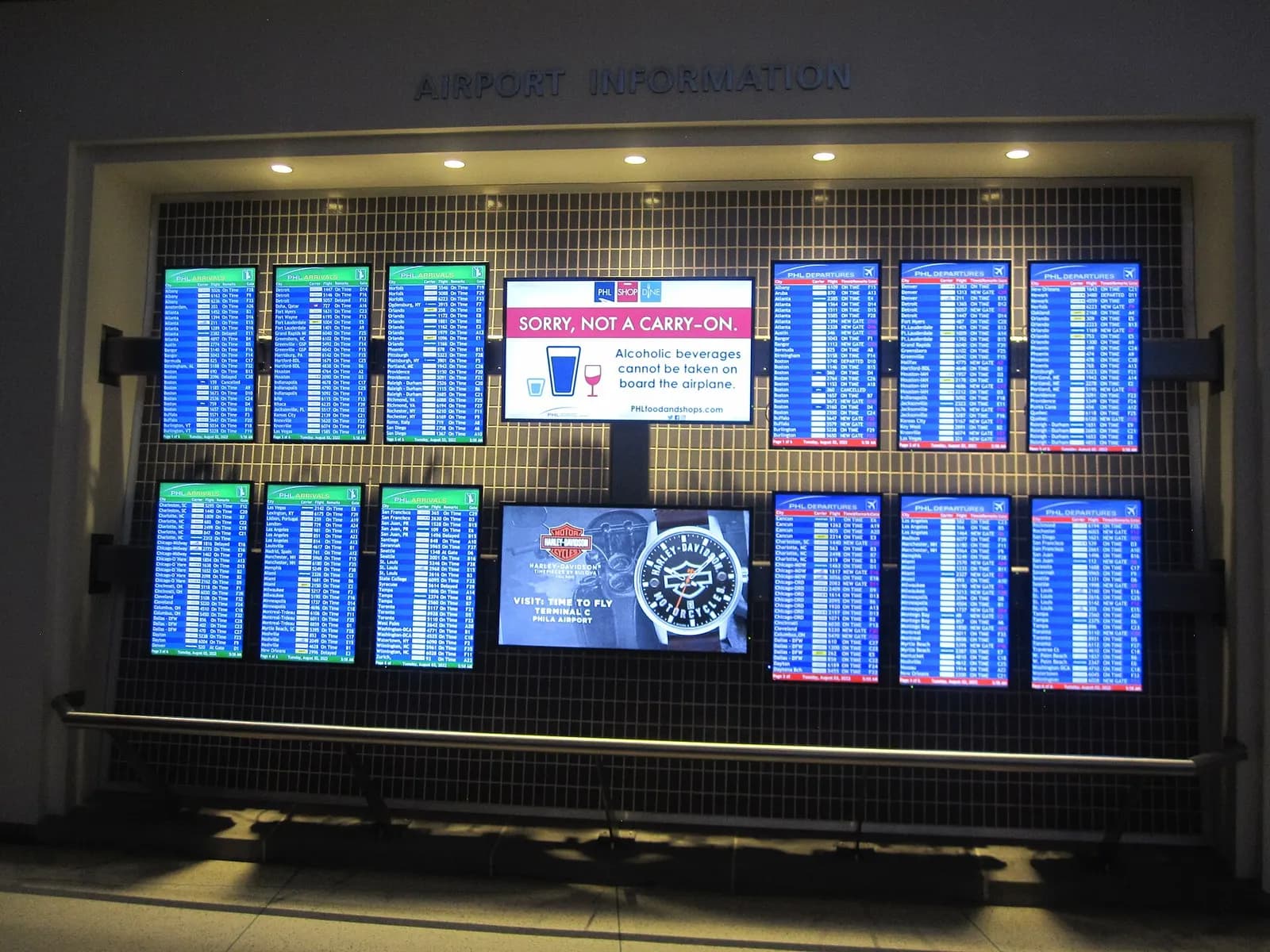 Terminal F Information Board at Philadelphia International Airport in Philadelphia, Pennsylvania.