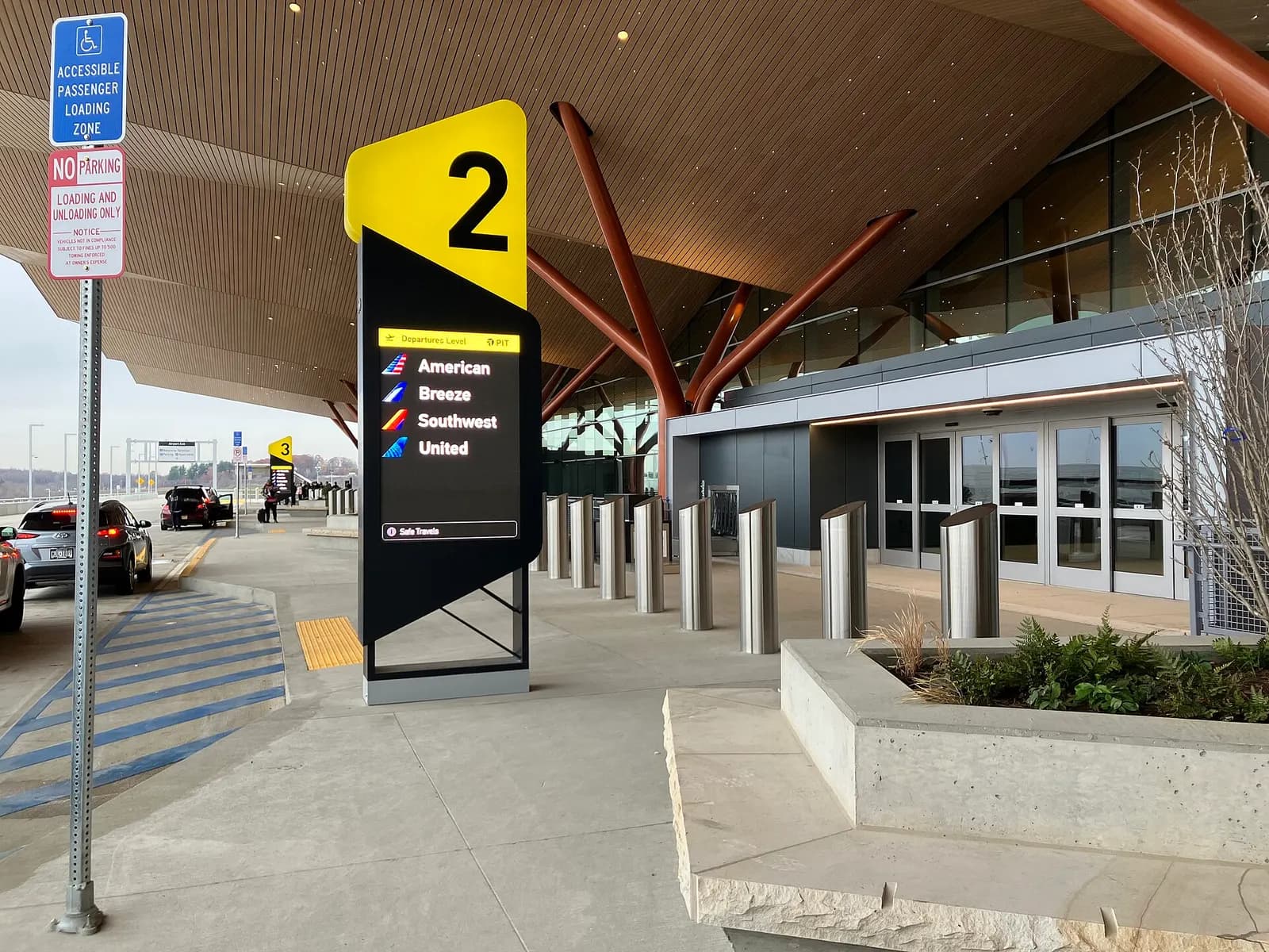 Drop off zone of the new Pittsburgh International Airport terminal building on the day of its grand opening November 18, 2025