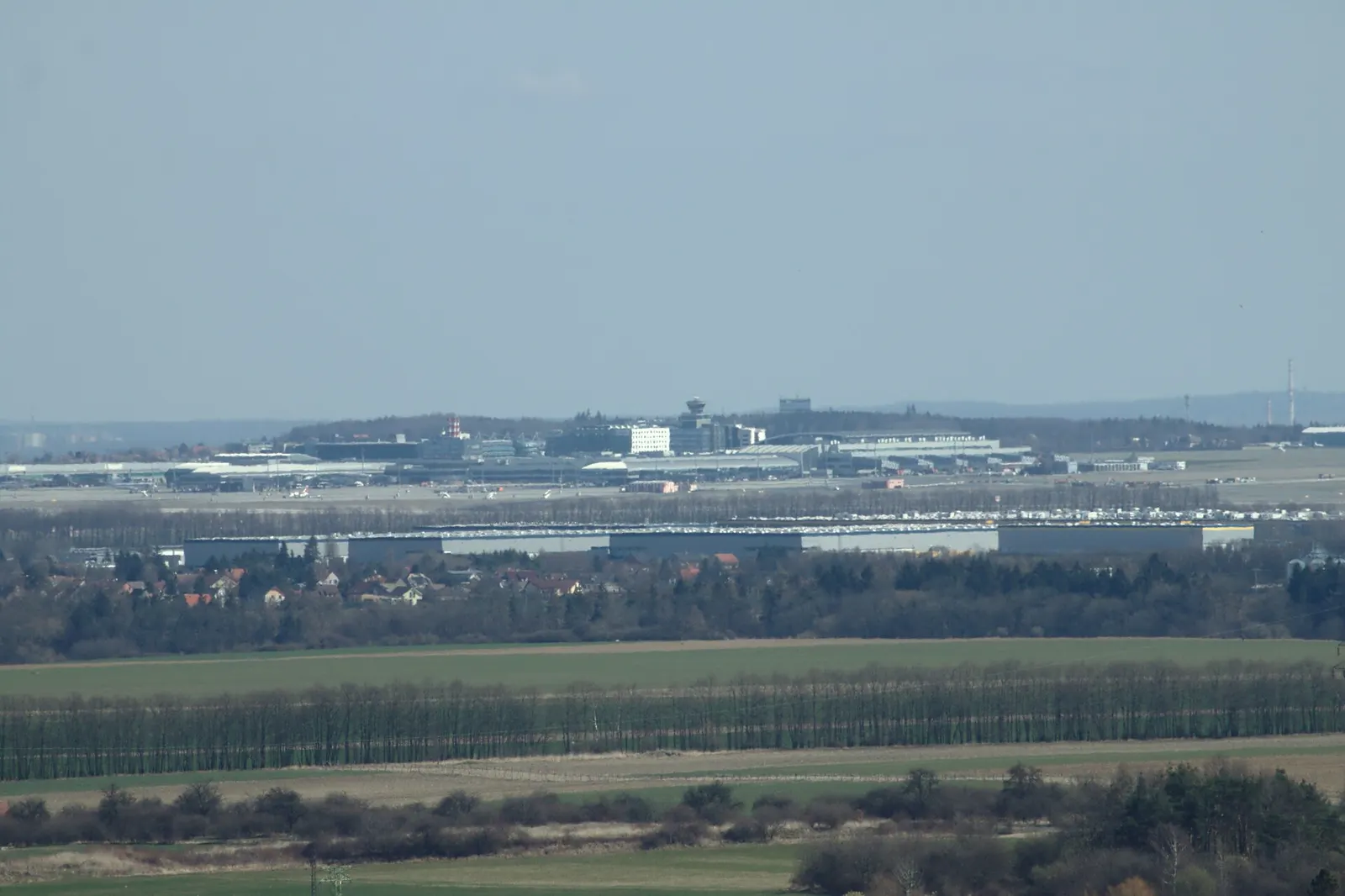 Prague Václav Havel Airport seen from Kožová hora lookout tower, Central Bohemia, CZ
