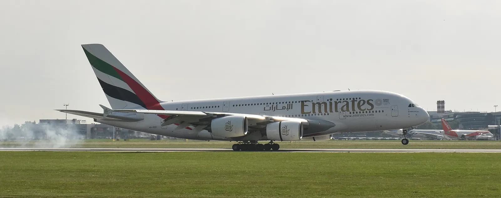 Emirates A380 landing in Prague Václav Havel airport.