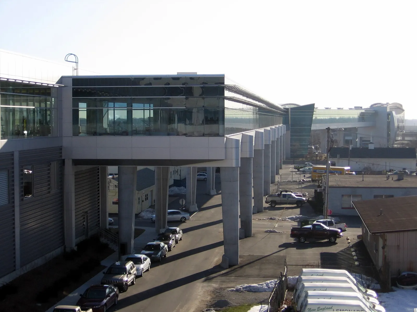 InterLink skywalk seen from the garage, with the Sundlun Terminal glass roof in the distance.
