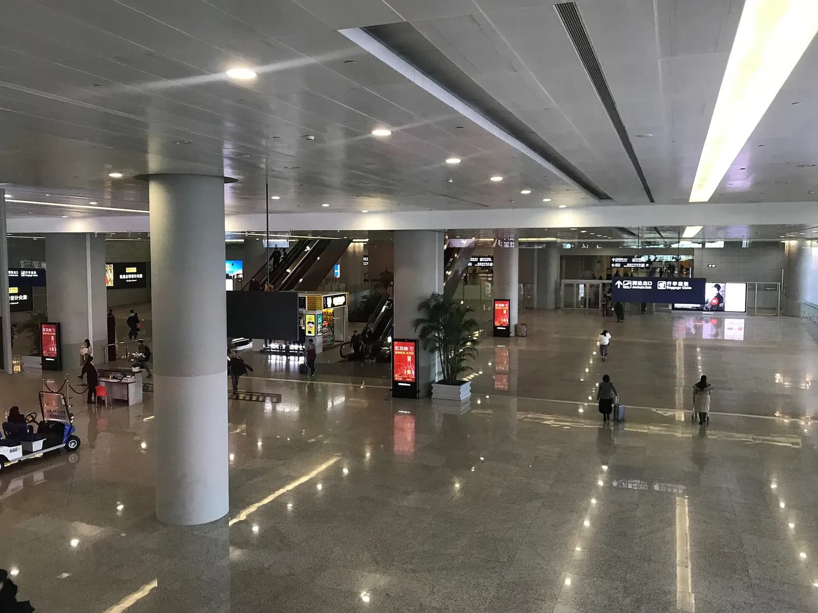 Busy domestic departures and arrivals lobby in Terminal 2 filled with passengers, shops, and directional signage.