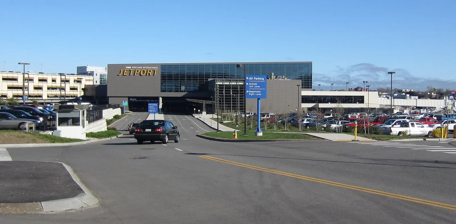 Wide view of the expanded Portland International Jetport terminal building.
