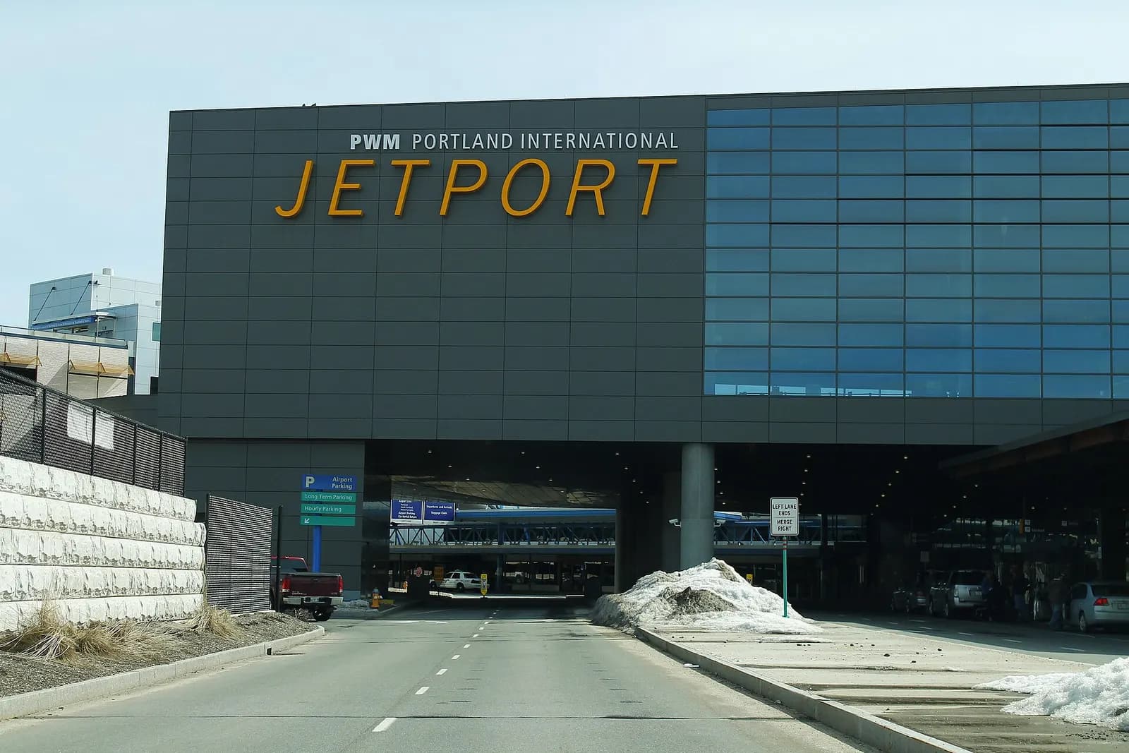 Exterior of the Portland International Jetport passenger terminal and garage.