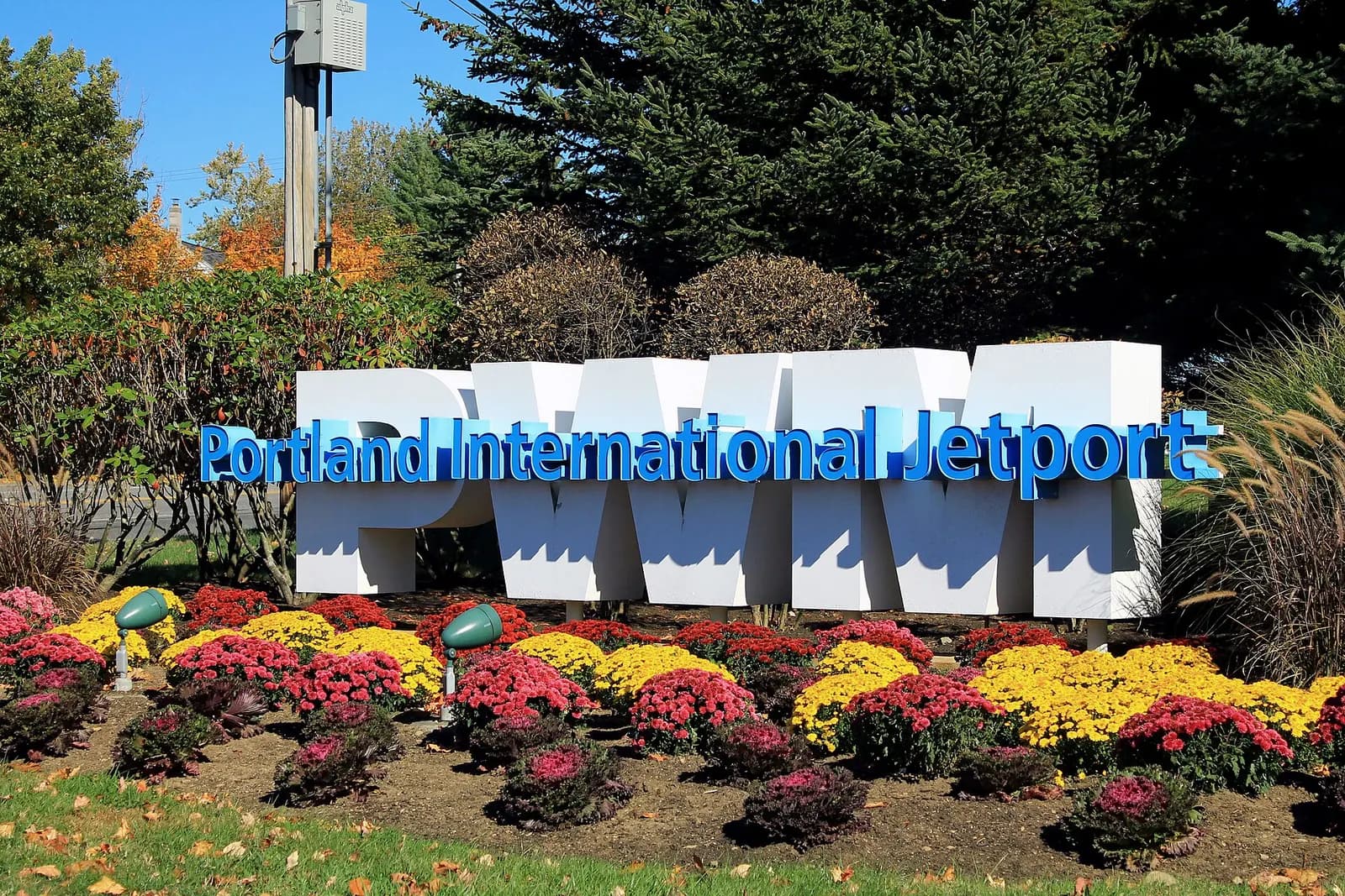 Roadside Portland International Jetport sign in Portland, Maine.