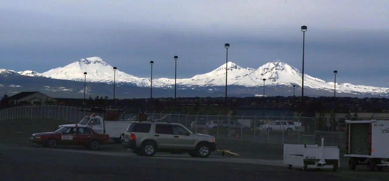 The Three Sisters volcanoes seen from Redmond Municipal Airport in February 2008.