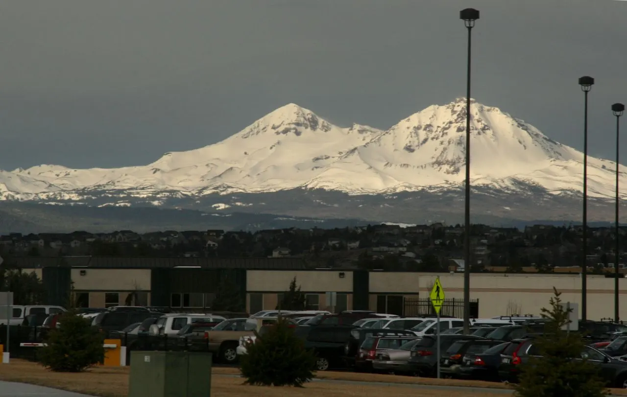 Middle Sister and North Sister seen from Redmond Municipal Airport in February 2008.
