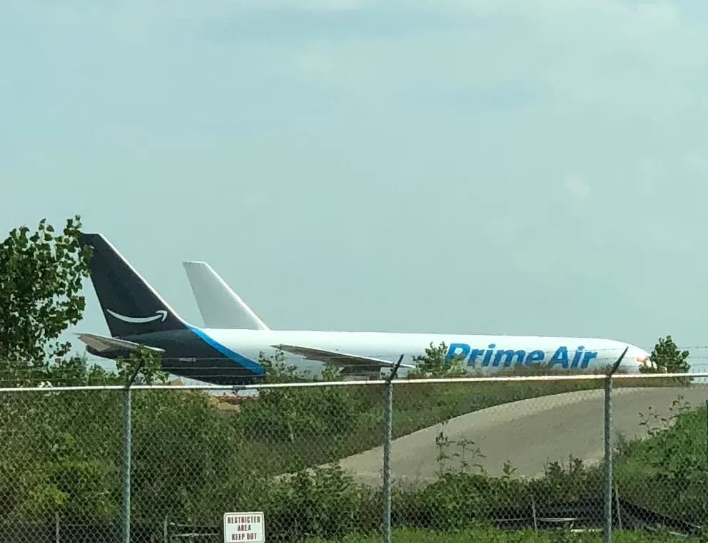 Amazon Prime Air cargo jet on the Rockford cargo ramp, seen from Kishwaukee Road.