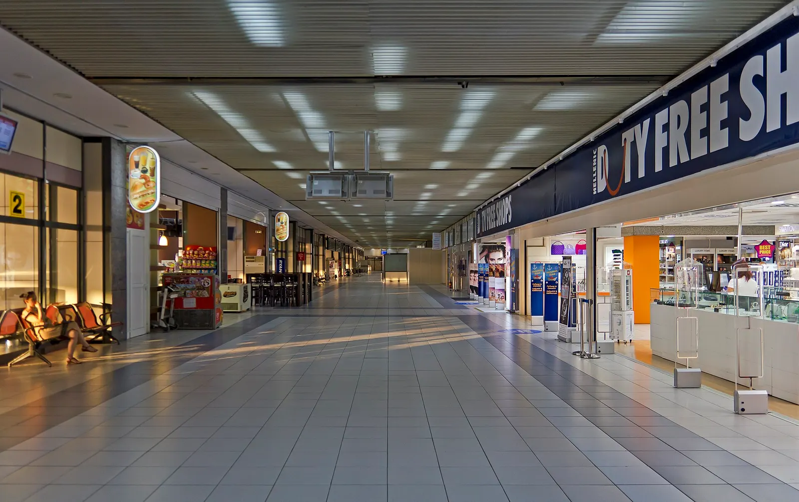Duty-free retail zone airside at Rhodes International Airport.