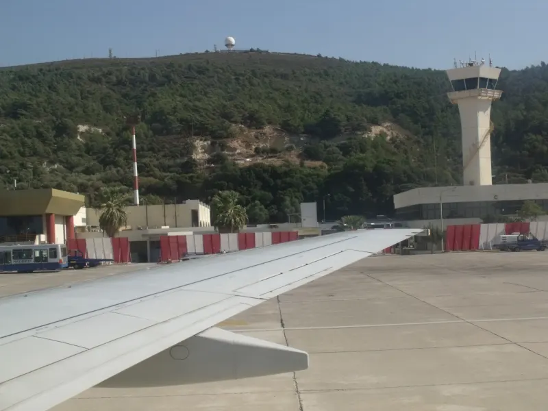Wide exterior view of Rhodes Diagoras International Airport campus.