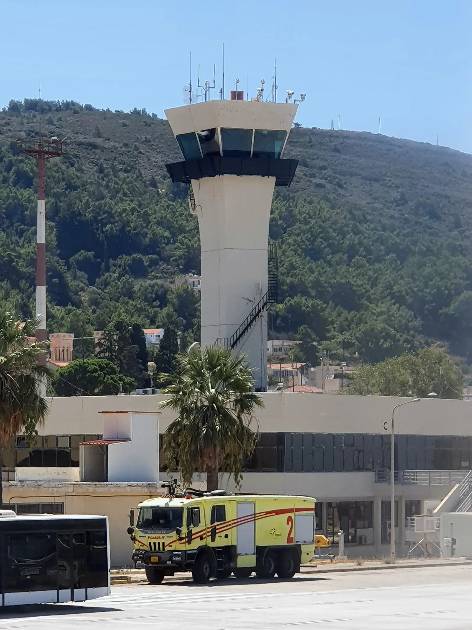 Control tower and airside support area at Rhodes International Airport.