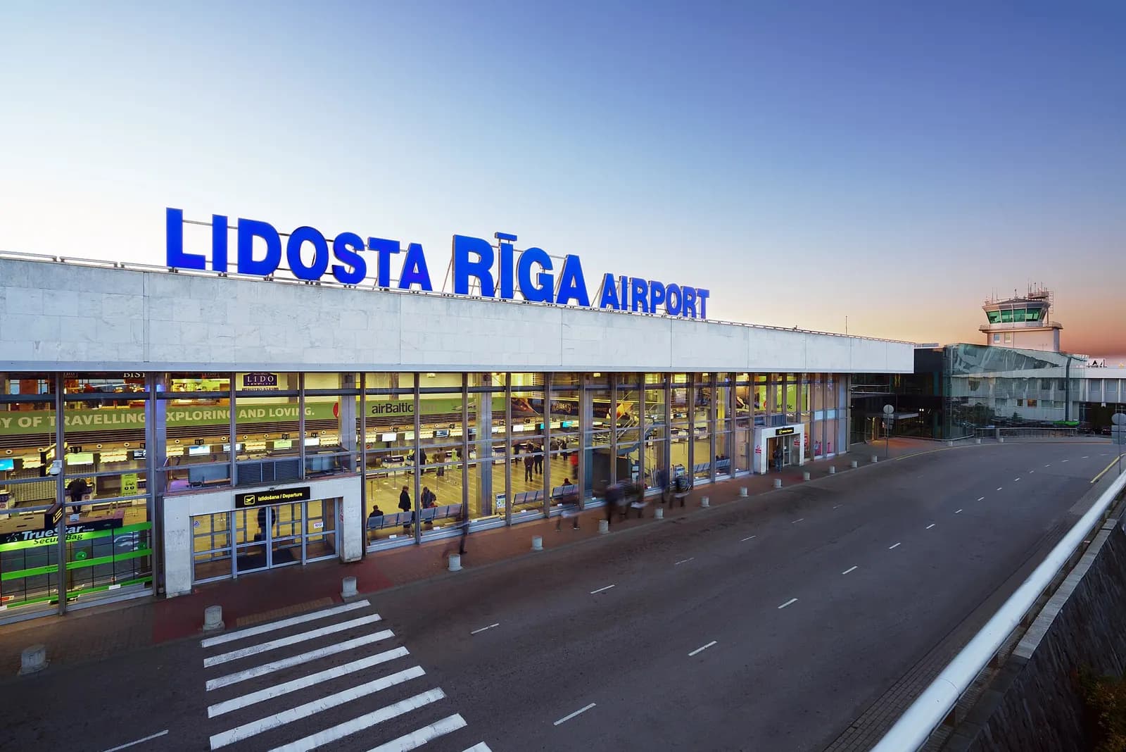 Riga Airport terminal exterior with airBaltic head-office frontage, 2016