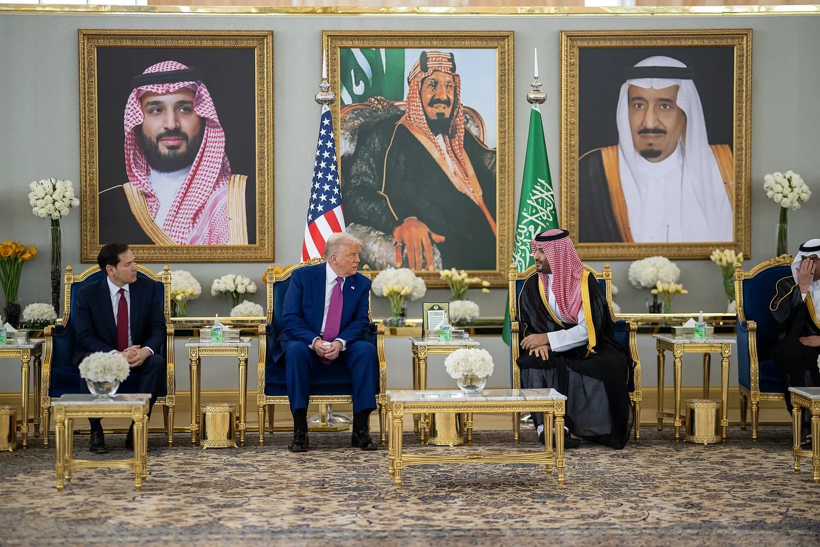 President Donald Trump speaks with Saudi Crown Prince Mohammed Bin Salman Al Saud after his arrival to King Khalid International Airport in Riyadh, Saudi Arabia, Tuesday, May 13, 2025. (Official White House Photo by Daniel Torok)