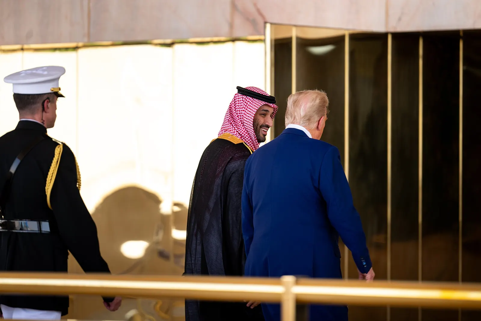 President Donald Trump speaks with Saudi Crown Prince Mohammed Bin Salman Al Saud upon arrival to King Khalid International Airport in Riyadh, Saudi Arabia, Tuesday, May 13, 2025. (Official White House Photo by Molly Riley)