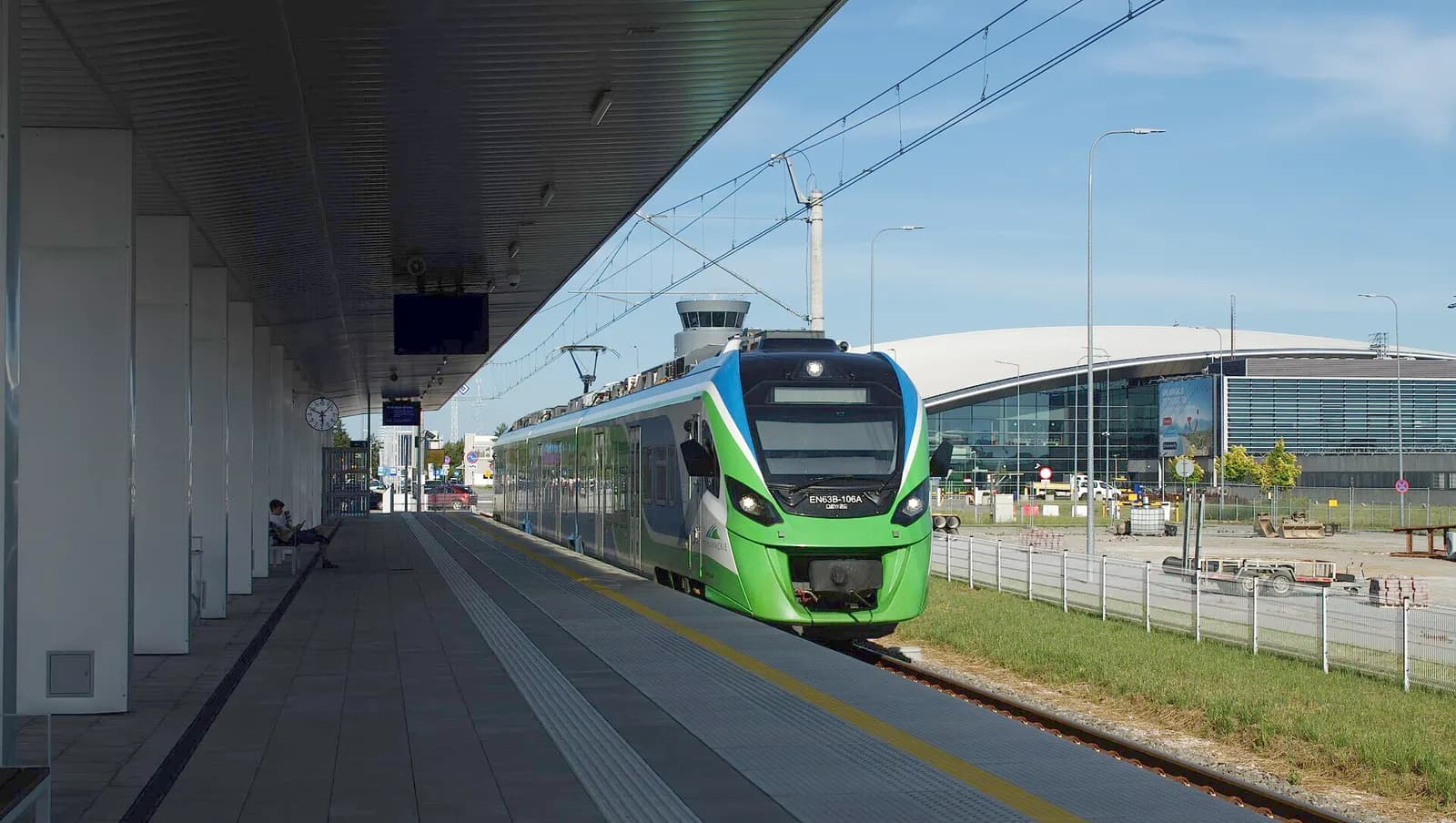 POLREGIO EN63B train at the covered Jasionka Lotnisko station serving Rzeszów–Jasionka Airport