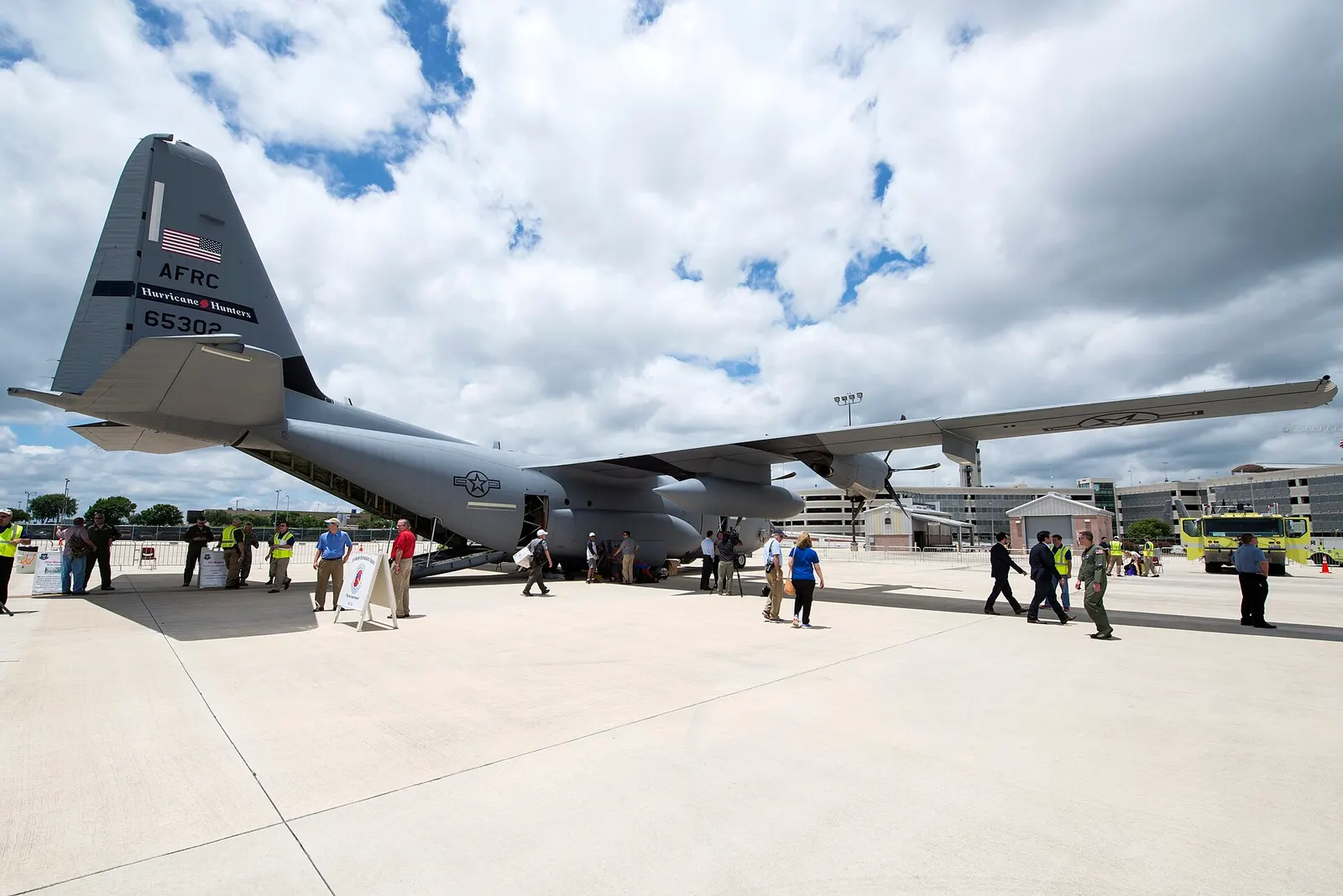Members of media and the public tour a WC-130J Hercules from the 53rd Weather Reconnaissance Squadron at Keesler Air Force Base, Miss., during the Hurricane Awareness Tour at the San Antonio International Airport May 16, 2016. The aircraft, one of 10 at the 53rd WRS, is used to fly directly into hur