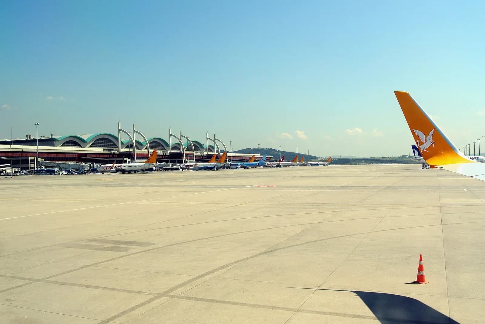 Inside a Pegasus Airlines flight taxiing at Sabiha Gökçen International Airport.