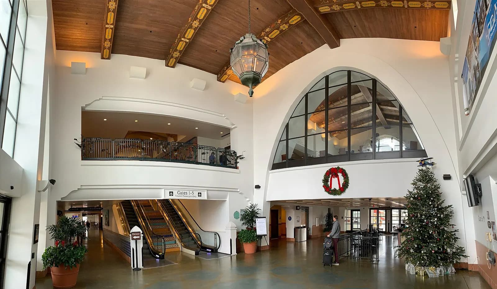 Landside arrivals and departures hall at Santa Barbara Municipal Airport, December 2019.