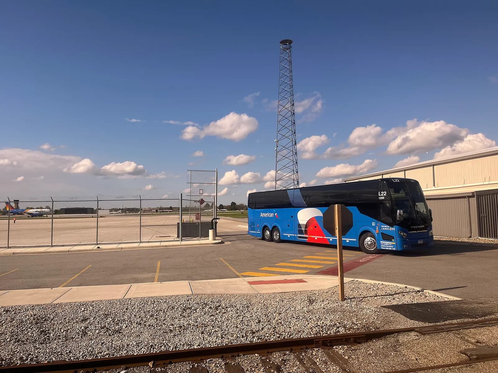 American Airlines Landline motorcoach parked at South Bend International Airport in April 2026