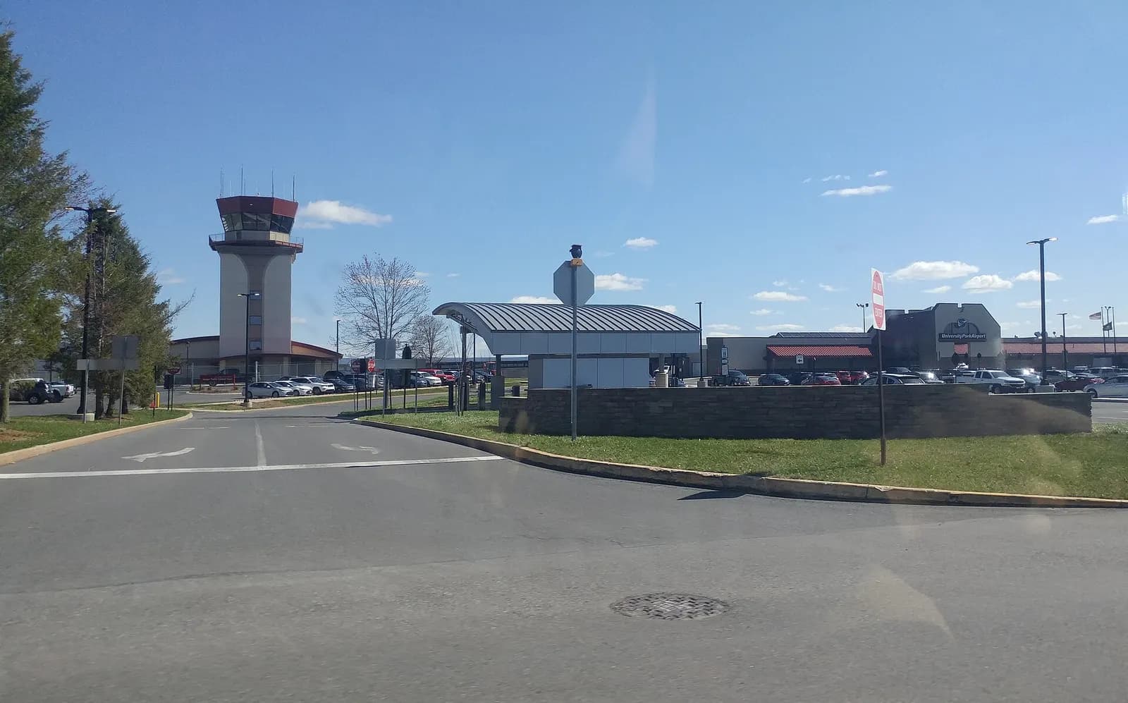 State College Regional Airport passenger terminal and control tower from the Fox Hill Road approach