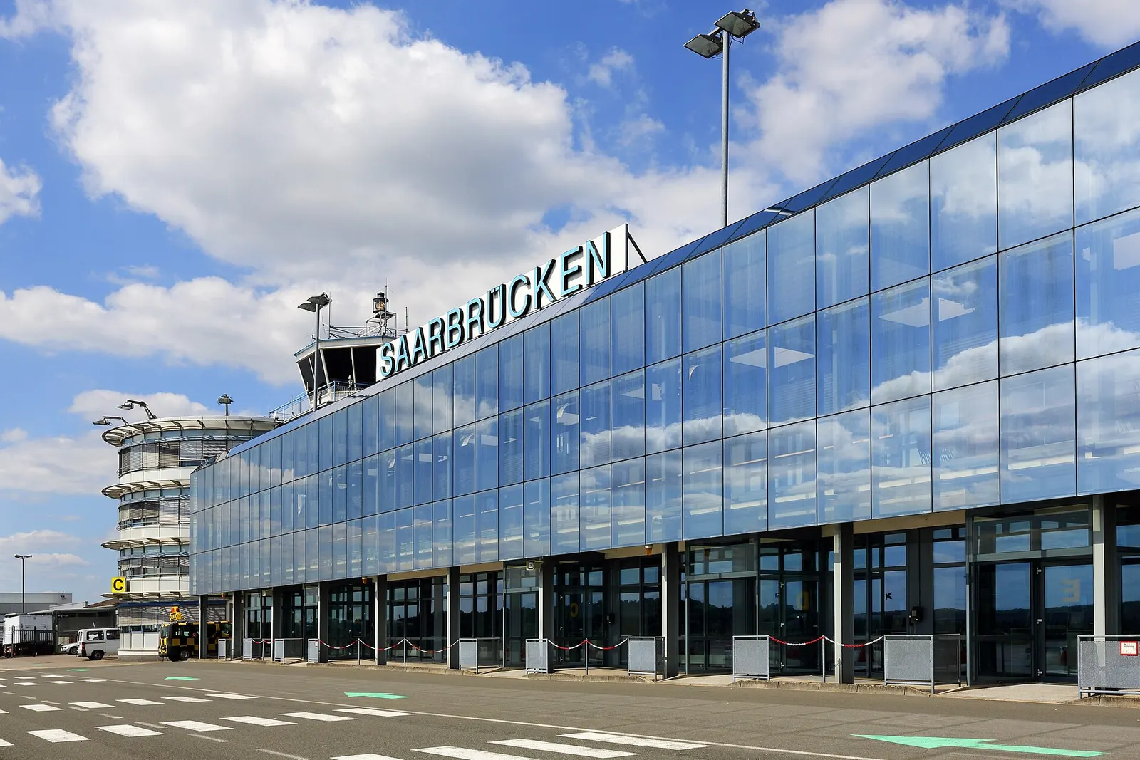 Rear and airside-facing side of Saarbrücken Airport terminal.