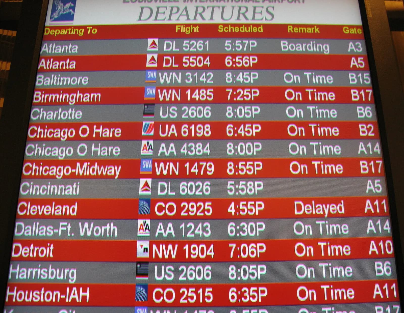 2008 Louisville International Airport departures board listing A and B gates