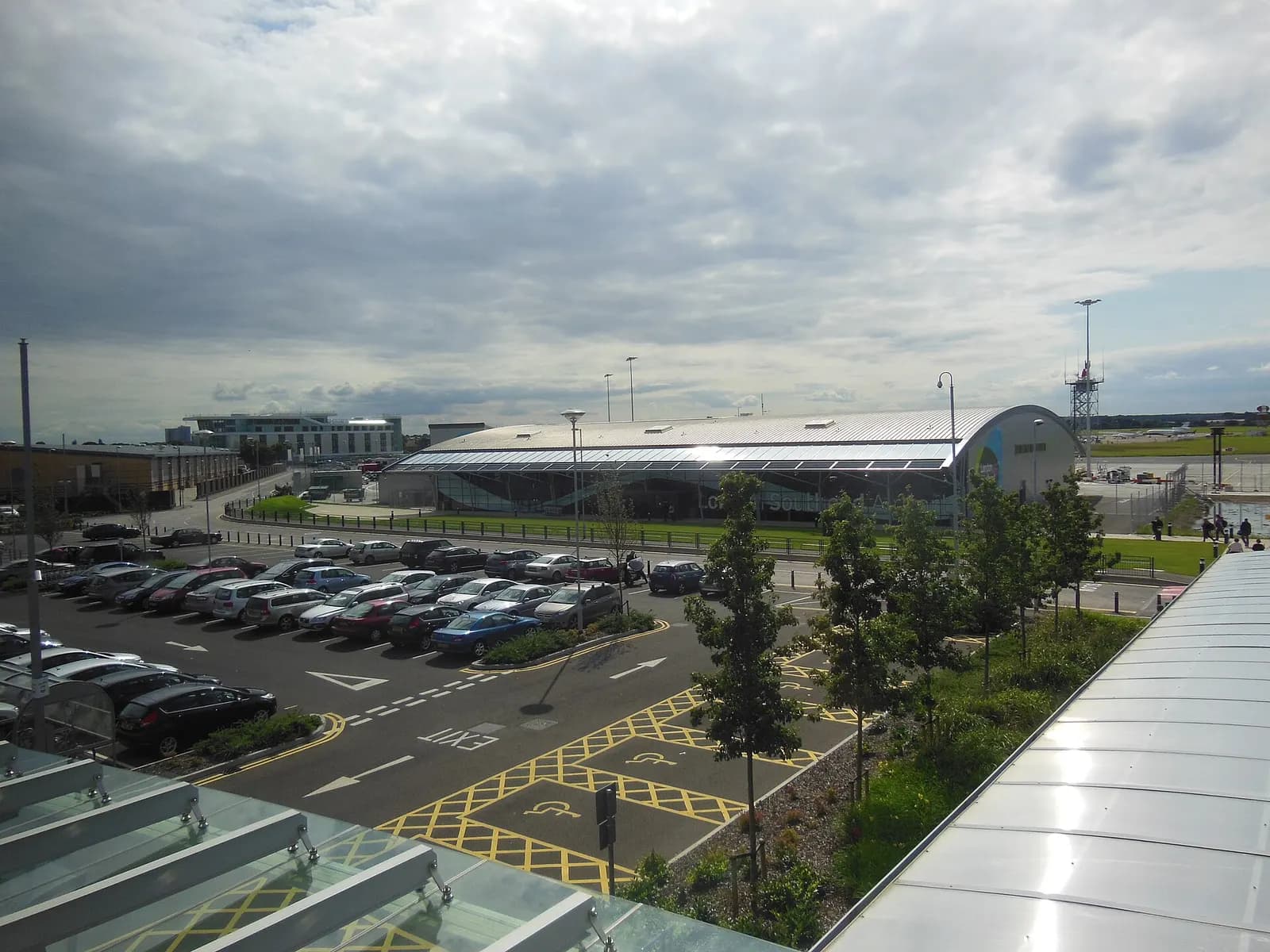 London Southend Airport terminal seen from the railway station footbridge