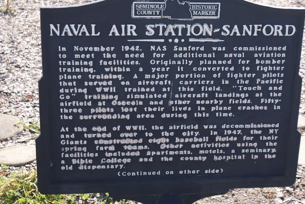 Historical marker commemorating Naval Air Station Sanford at the civil Orlando Sanford International Airport.
