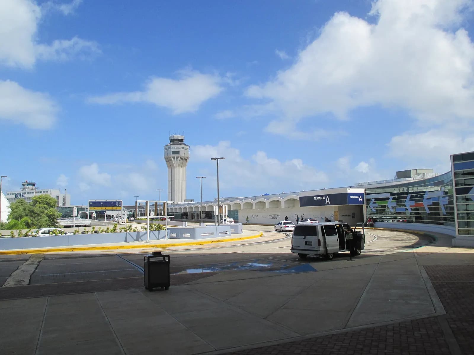 Pick-up/drop-off area, two towers in the background