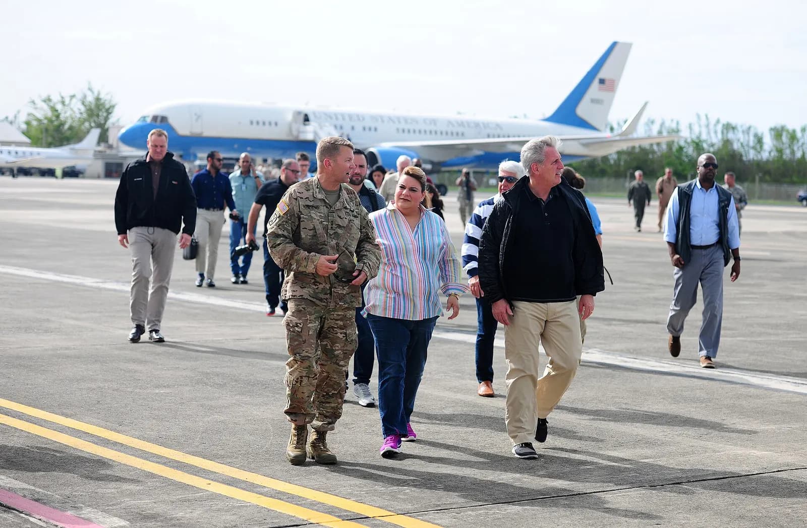 SAN JUAN, Puerto Rico – A congressional delegation arrives on Oct. 27 at Puerto Rico’s San Juan Luis Muñoz Marín Airport to tour areas damaged by Hurricane Maria. Pictured here (central figures right to left) is House Majority Leader Kevin McCarthy (R-CA), Resident Commissioner Jenniffer González-Co