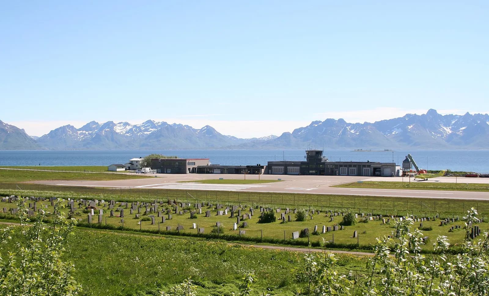 Stokmarknes Airport, Skagen terminal and apron with Hadselfjord and mountains beyond