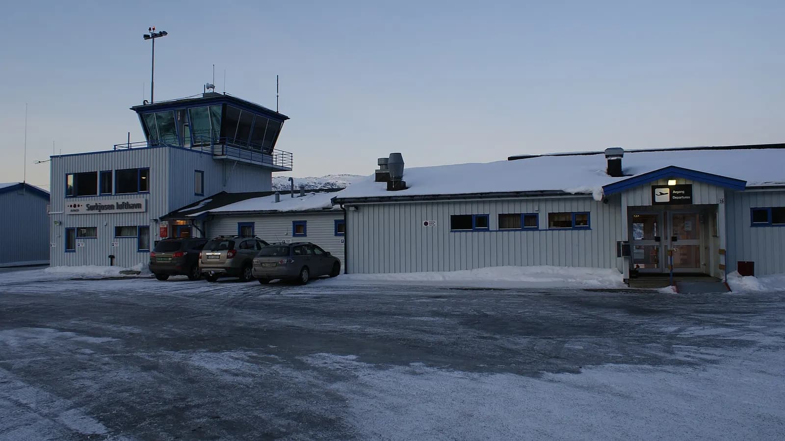 Sørkjosen Airport, Nordreisa, Troms, Norway. Terminal building + ATC tower.