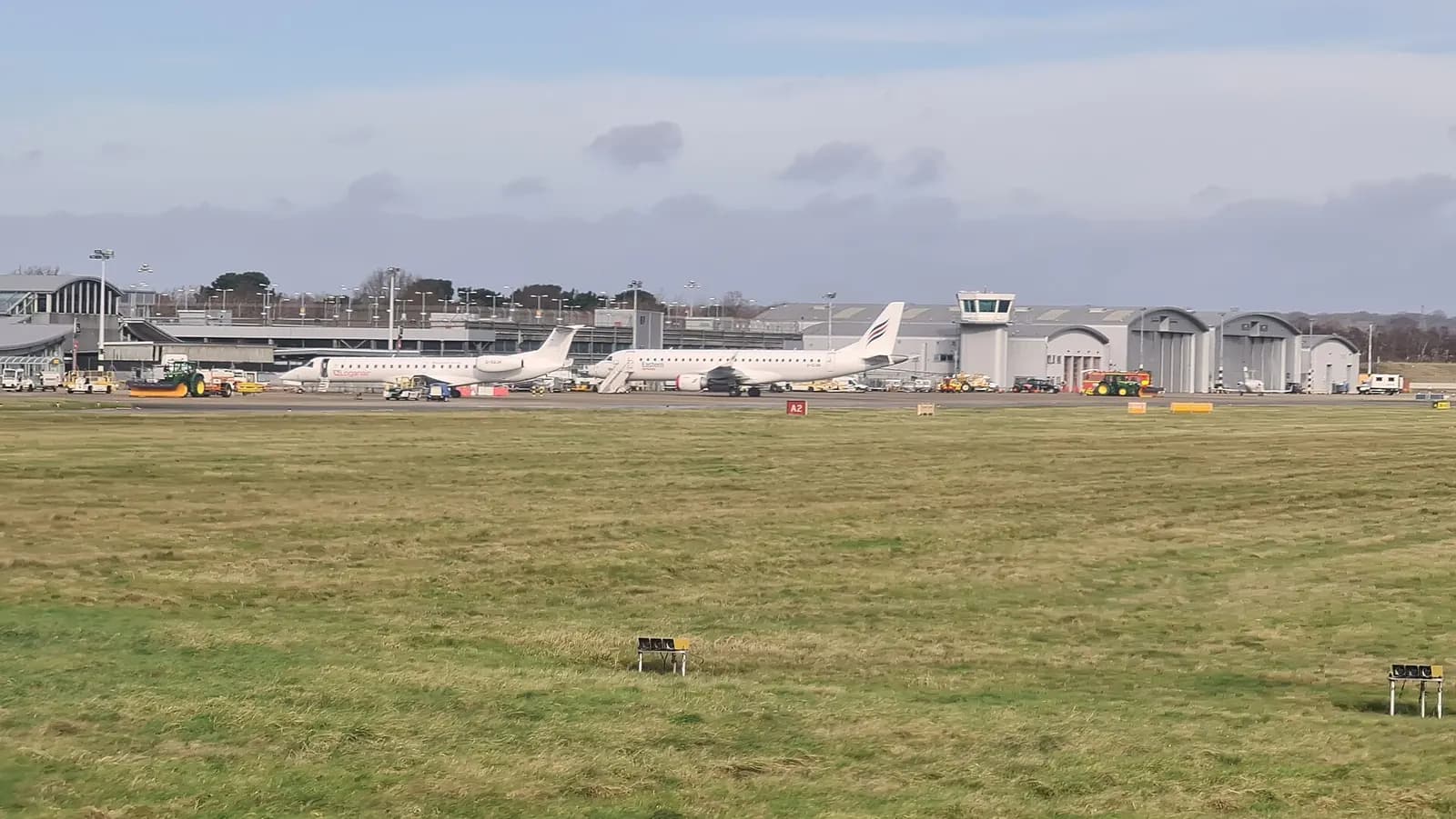 View of Southampton Airport, with two aircraft parked.