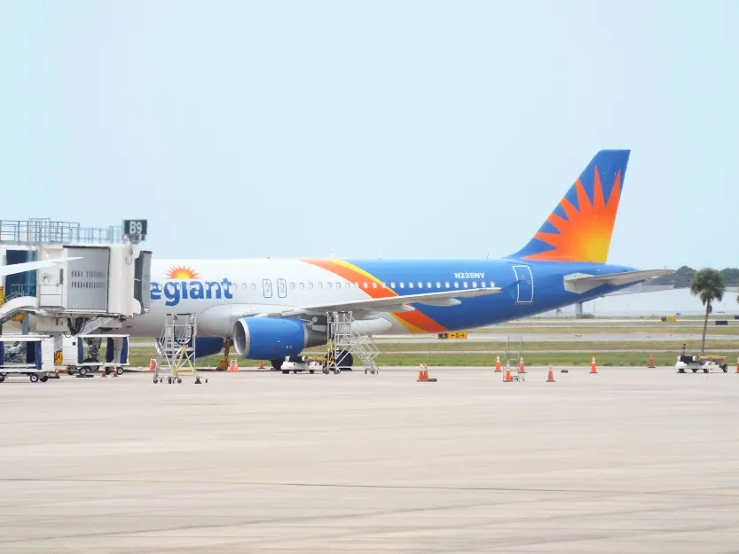 Allegiant Air Airbus at Gate B9 of Sarasota–Bradenton International Airport in December 2020