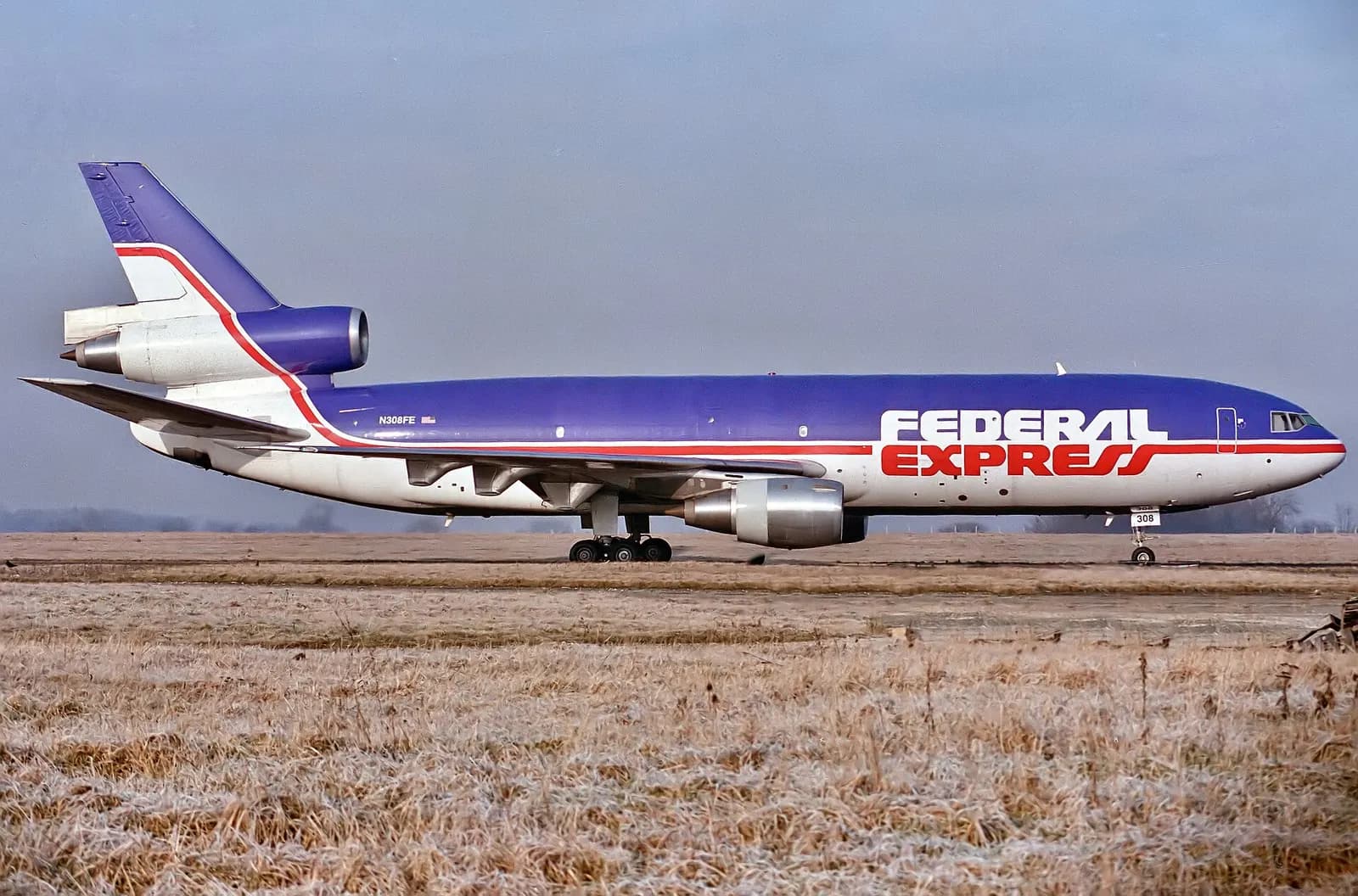 N308FE DC-10-30F Federal Express at London Stansted Airport/EGSS, February 1988: Just two years old, delivered new in 1986. Underwent MD10-30F conversion in 2008. This superb machine is still in service after 35 years and flying Memphis (MEM)-Guadalajara (GDL) as FDX65 as I type. Seen taxying for ru