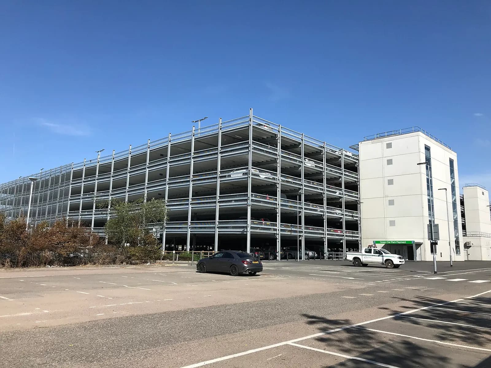 The modern multi-storey car park at the approach to London Stansted Airport.