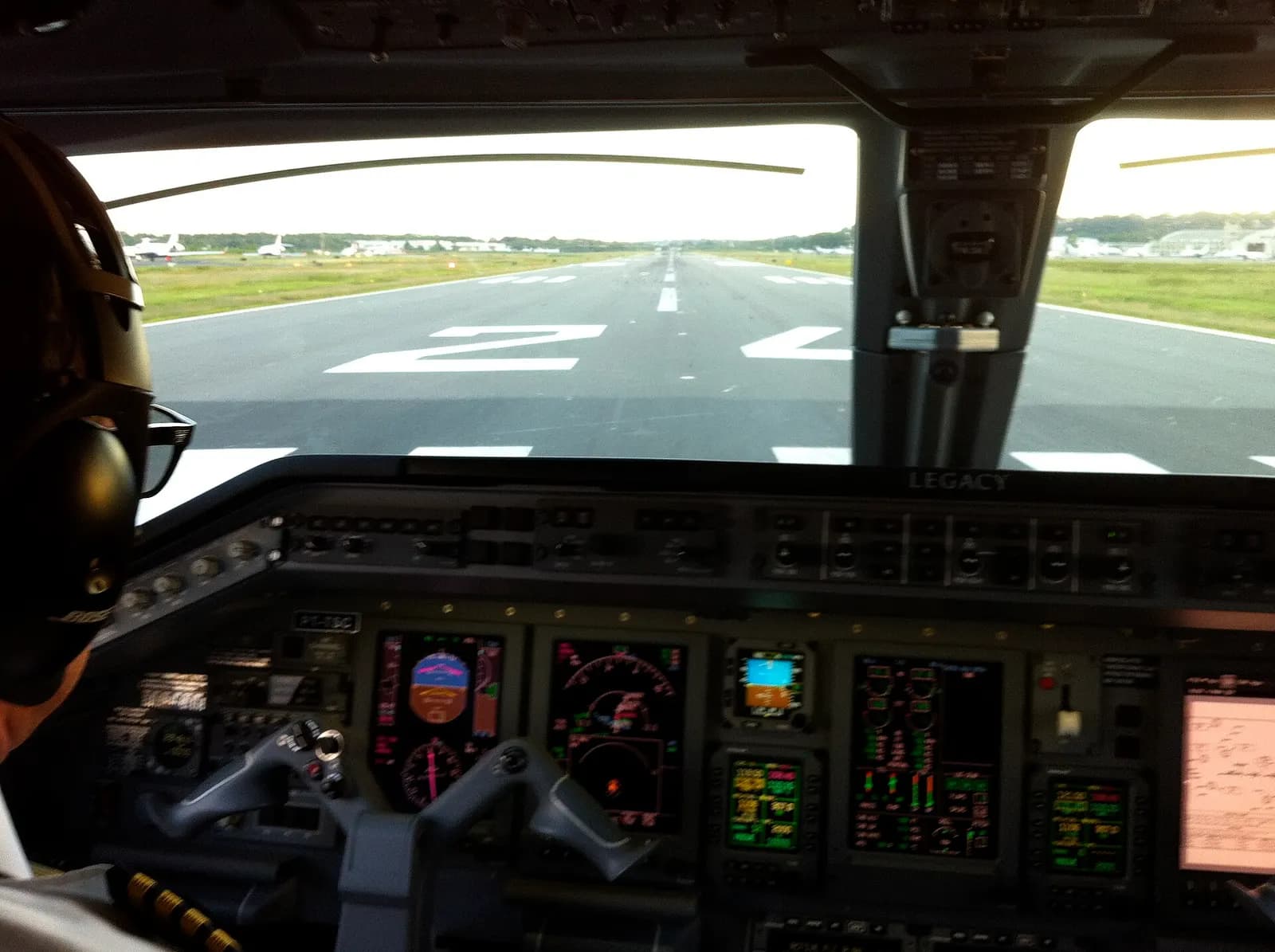 View from my seat on the Legacy 650. Lined up for take-off on runway 24 at Teterboro Airport.