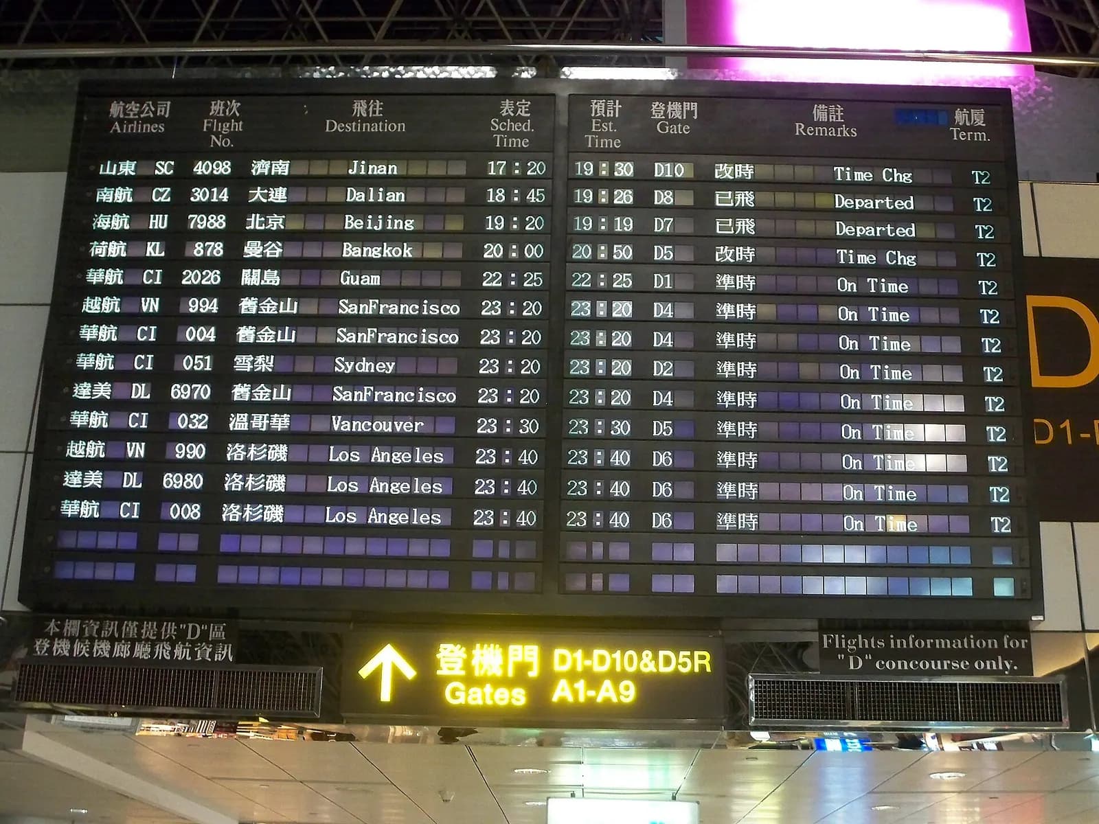 A large electronic flight-information board in Terminal 2's D concourse lists departure gates, times, and statuses above the walkway.