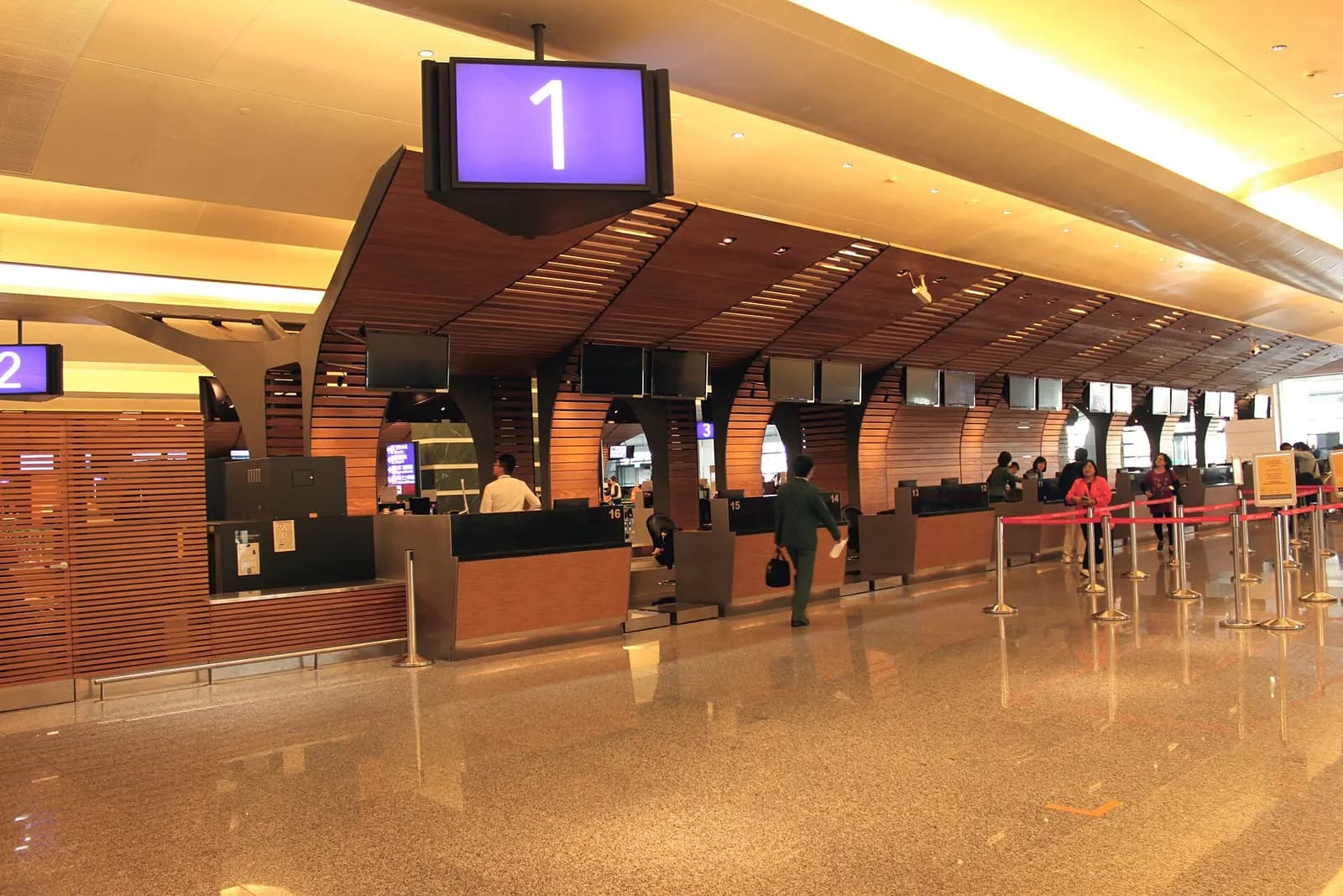 Rows of airline check-in counters line the departure hall in Terminal 1, with signage and queue lanes for passengers.