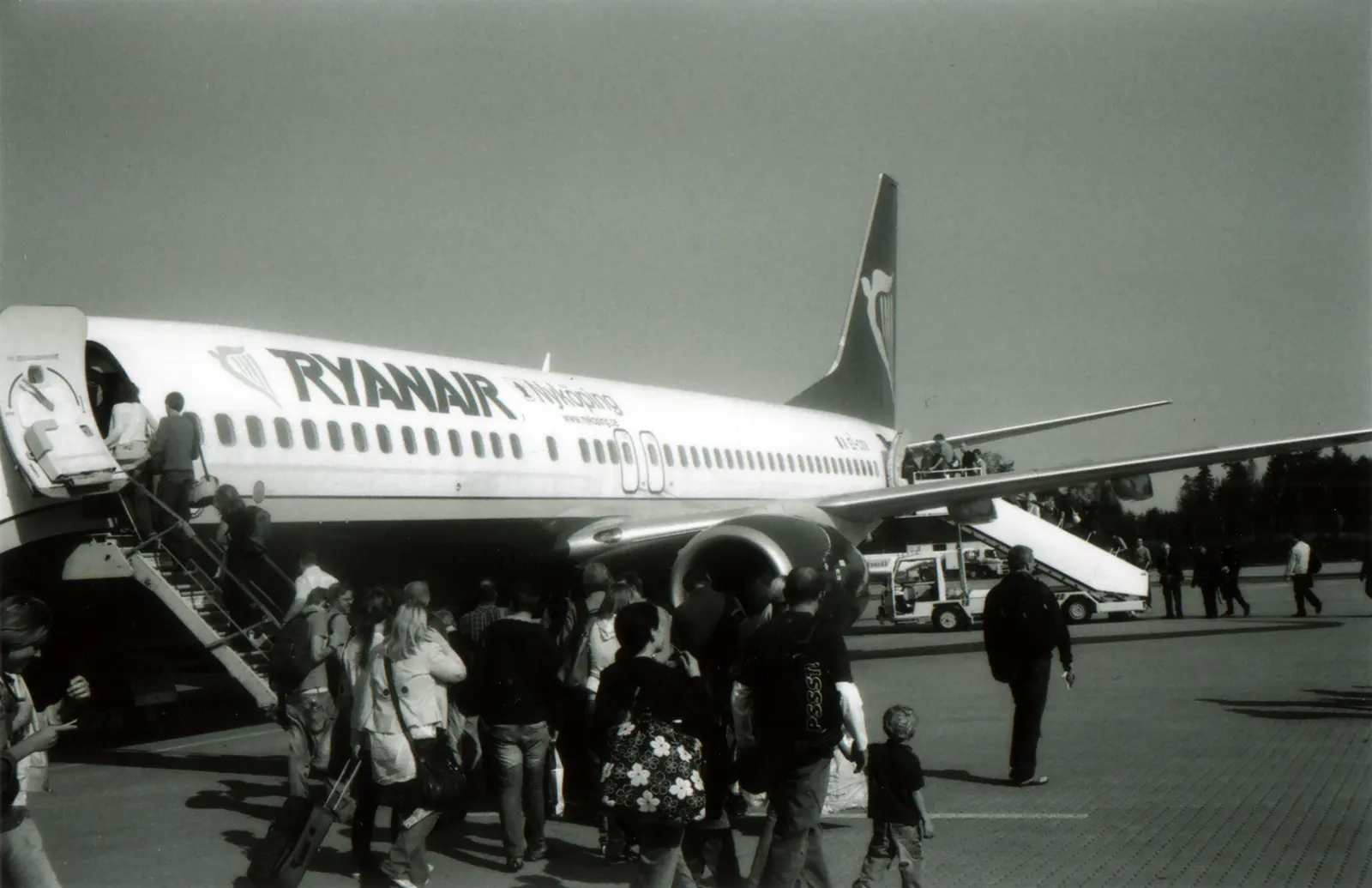 Passengers boarding a Ryanair 737-800 at Sandefjord Airport, Torp in Norway.