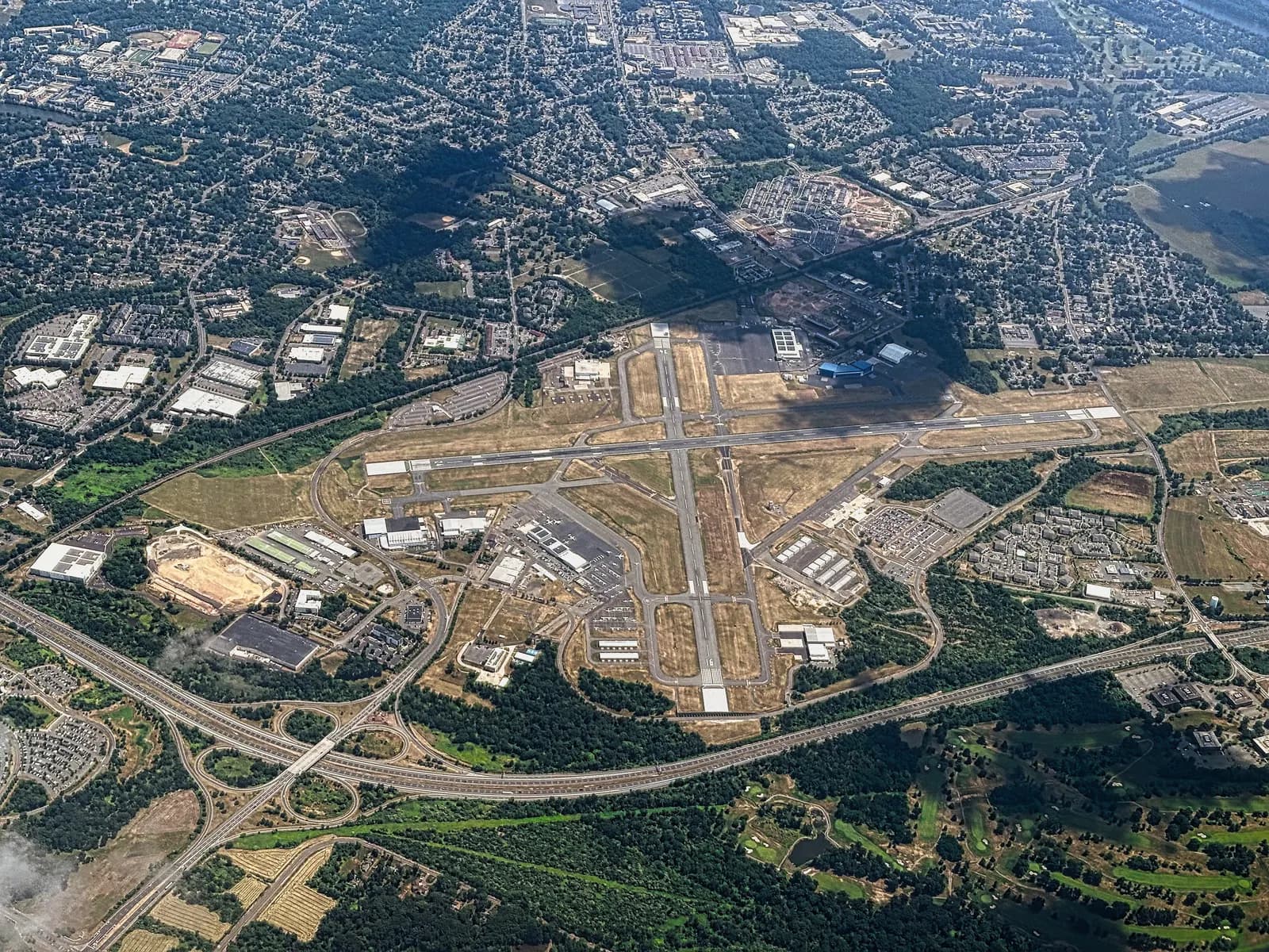 Aerial view of Trenton-Mercer Airport in Ewing, New Jersey, photographed in 2024.